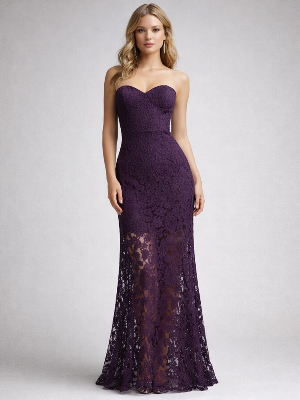 Vintage Y2K Purple Floral Lace Strapless Maxi Dress L Dark Romantic Goth Formal